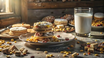 Poster - A stack of sweet and savory cookies, sprinkled with powdered sugar, arranged on a white plate, accompanied by a glass of milk and a scattering of colorful treats.