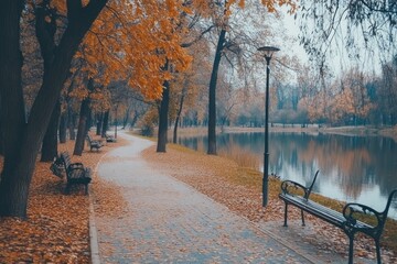 Poster - A park bench sits next to a calm body of water, great for outdoor scenes or relaxation