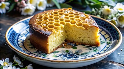 Aufkleber - A slice of honey cake with a honeycomb pattern on top, resting on a beautiful blue and white floral patterned plate.
