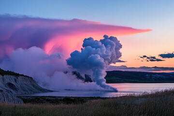 Aufkleber - A massive cloud of smoke rises from the surface of a lake, suggesting a natural or human-induced disaster