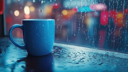 Poster - A blue coffee cup sitting on a window sill, perfect for interior design or lifestyle photography