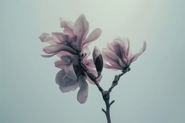 Poster - Two purple flowers on a branch against a bright blue sky