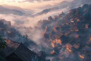 Poster - A picturesque village situated amidst the mountains, with houses and trees nestled together