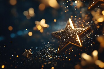 Poster - A single gold star is surrounded by multiple shiny stars in a dark or nighttime background