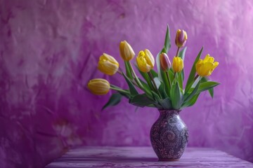 Wall Mural - A bouquet of bright yellow tulips arranged in a decorative vase on a table