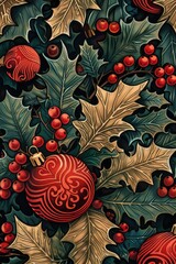 Aufkleber - A decorative arrangement of holly leaves and red ornaments, perfect for holiday decorations or gift wrapping