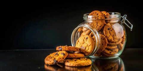 Poster - A close-up of a glass jar filled with chocolate chip cookies, with a few cookies spilling out onto a black surface