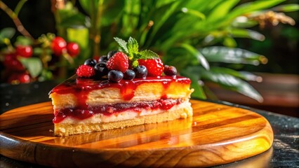 Poster - A single slice of berry cake with a red glaze, topped with blueberries and raspberries, sits on a round wooden cutting board.