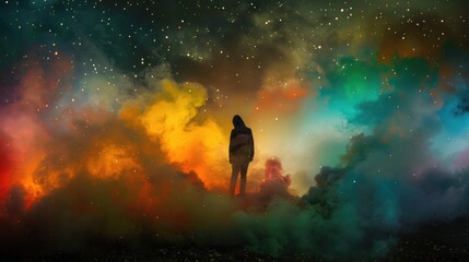 Aufkleber - A person standing in the middle of a cloudy sky, with soft and white clouds surrounding them
