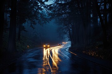 Aufkleber - Two cars drive along a wet road at night with headlights shining