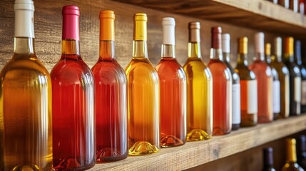 Poster - Row of wine bottles on a wooden shelf, perfect for restaurant or home decor