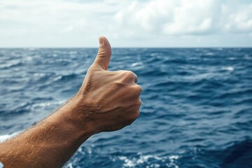 Poster - A person's hand points towards the ocean, with waves and water in the background