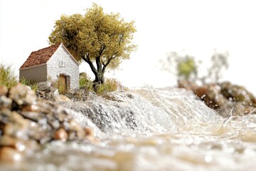 Poster - A cozy small house perched above a gentle waterfall, surrounded by lush greenery and natural beauty