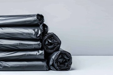 Poster - A pile of black trash bags sits on top of a table, ready for disposal