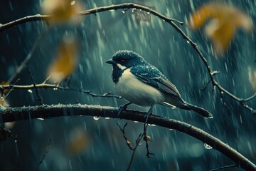 Poster - A bird sitting on a branch in the rainy weather