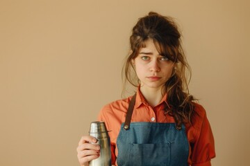 Poster - A woman holds a can of soda while wearing an apron