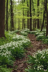 Poster - A serene path surrounded by white flowers and greenery in a dense forest