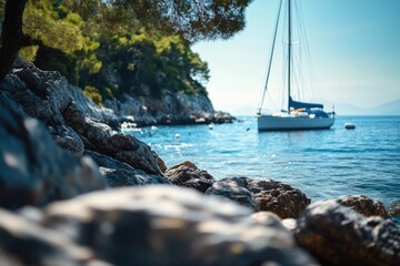 Poster - A sailboat sails through calm open waters