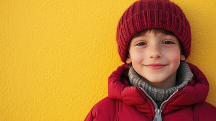 Poster - A young boy dressed in a bright red jacket and matching hat, probably waiting for someone or enjoying the outdoors