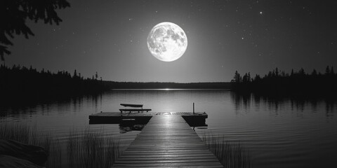 Poster - A dock with a boat moored alongside, with a full moon shining brightly in the background