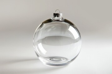 Poster - A single clear glass Christmas ornament sitting on a white surface, ready for decoration