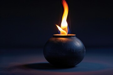 Aufkleber - A lit candle in a simple black pot on a wooden table
