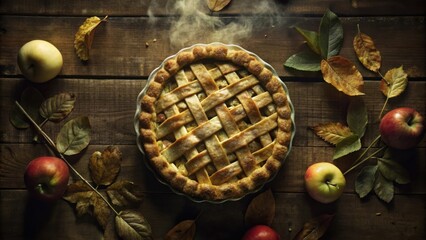 Poster - A Rustic Autumnal Scene with a Steaming Apple Pie and Scattered Apples and Leaves on a Wooden Table