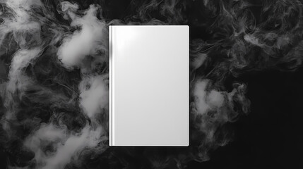 Canvas Print - Blank white book cover mockup, surrounded by smoke, on black background, top view. Minimalist. Illustration