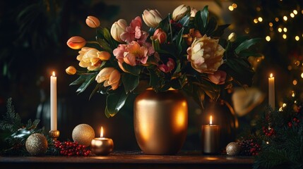Poster - A decorative arrangement of flowers and candles in a gold vase