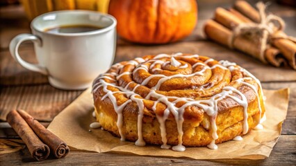 Aufkleber - Sweet Cinnamon Roll with Drizzled Icing and a Cup of Coffee, a Warm and Inviting Fall Treat