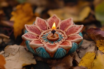 Aufkleber - A small candle sitting on top of a pile of leaves, perfect for autumn or Thanksgiving themed images