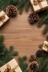 Aufkleber - A decorative arrangement of pine cones and gift boxes on a wooden table