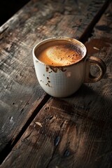 Poster - A cup of coffee sits alone on a wooden table, perfect for a morning pick-me-up or afternoon break