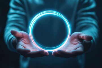 Poster - A person holds a bright ring in their hands, with warm light emitting from it