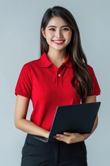 Poster - A woman holds a laptop, ready to work or communicate