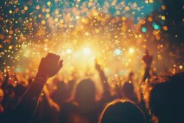 Poster - A crowd of people enjoying a concert, hands up and singing along