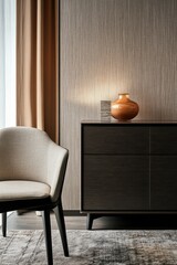 Poster - A brown ceramic vase sits on a table beside a chair, suitable for interior design or still life photography