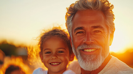 Wall Mural - Grandfather and granddaughter smile warmly at the camera, bathed in the golden light of sunset.