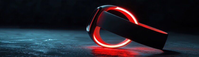 Poster - An AI neon-lit biometric tracker, a sleek fitness tracker with a glowing red light, positioned on a dark surface, emphasizing its modern design and technology.