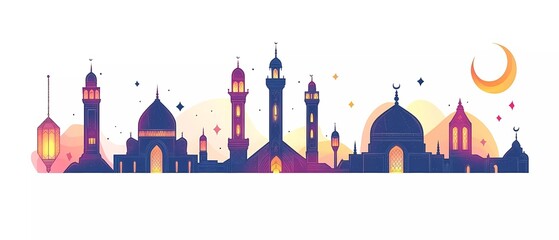 Poster - Vector flat color illustration set of Ramadan Kareem, featuring a mosque and lanterns against a white background