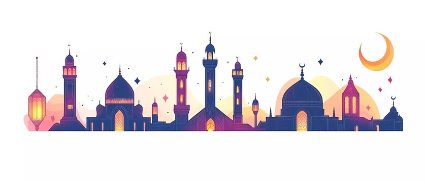 Vector flat color illustration set of Ramadan Kareem, featuring a mosque and lanterns against a white background