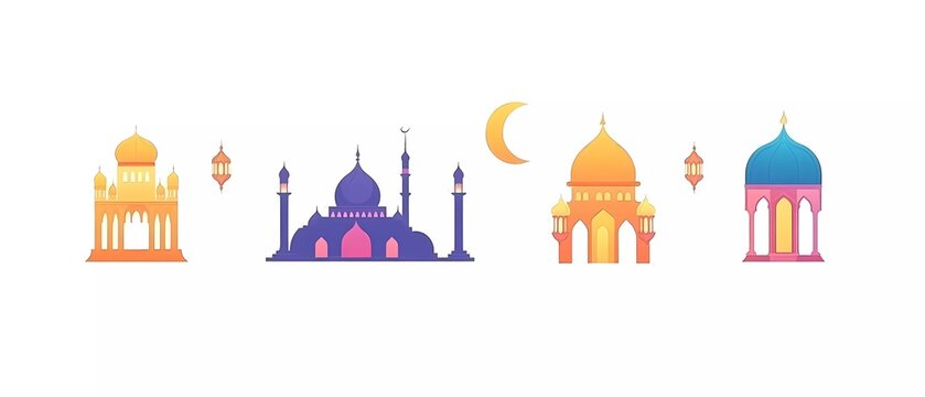 Vector flat color illustration set of Ramadan Kareem, featuring a mosque and lanterns against a white background