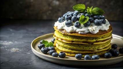 Poster - A stack of green pancakes topped with whipped cream and blueberries on a beige plate against a dark background.
