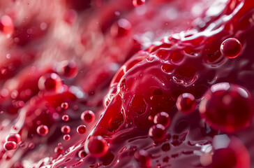 Wall Mural - close up of a red cell with a red background. the cell is surrounded by red splatters, giving the im