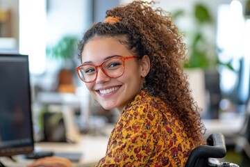Poster - A woman wearing glasses sits in front of a computer, focused on her work