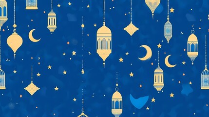 Poster - Flat vector pattern with Ramadan lanterns, stars, and crescent moon, mosque in blue tones, simple shapes, patterned background.