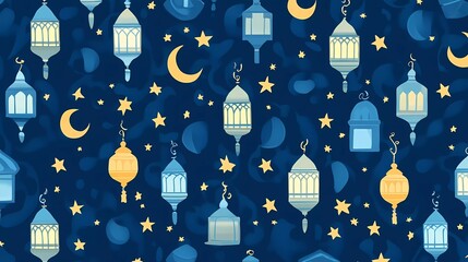 Poster - Flat vector pattern with Ramadan lanterns, stars, and crescent moon, mosque in blue tones, simple shapes, patterned background.