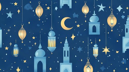 Poster - Flat vector pattern with Ramadan lanterns, stars, and crescent moon, mosque in blue tones, simple shapes, patterned background.