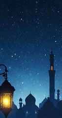 Fototapete - Ramadan background with ample copy space, featuring an Arabic lantern in the foreground and stars against a night sky with silhouettes of mosque domes.