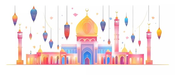 Poster - A set of vector illustrations, Ramadan Kareem, a mosque silhouette with lanterns and a crescent moon in the sky